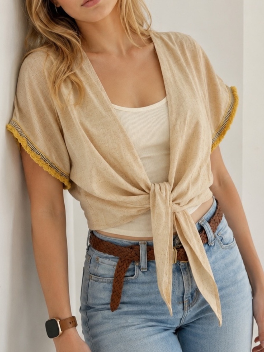 NWT Hem & Thread Cream Linen Blend Crop Tie Cardigan Shrug Top Size Large